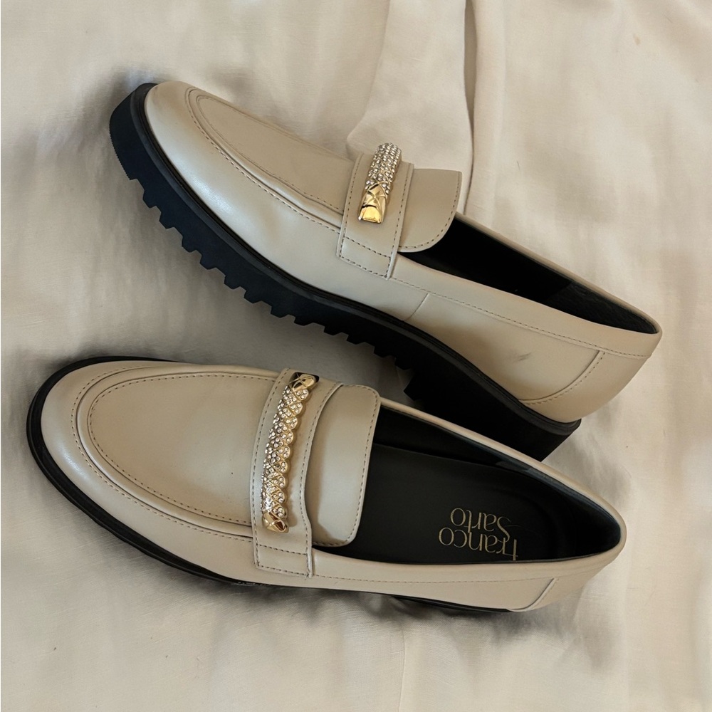Franco Sarto Cream Leather Loafers with Gold Chain Detail